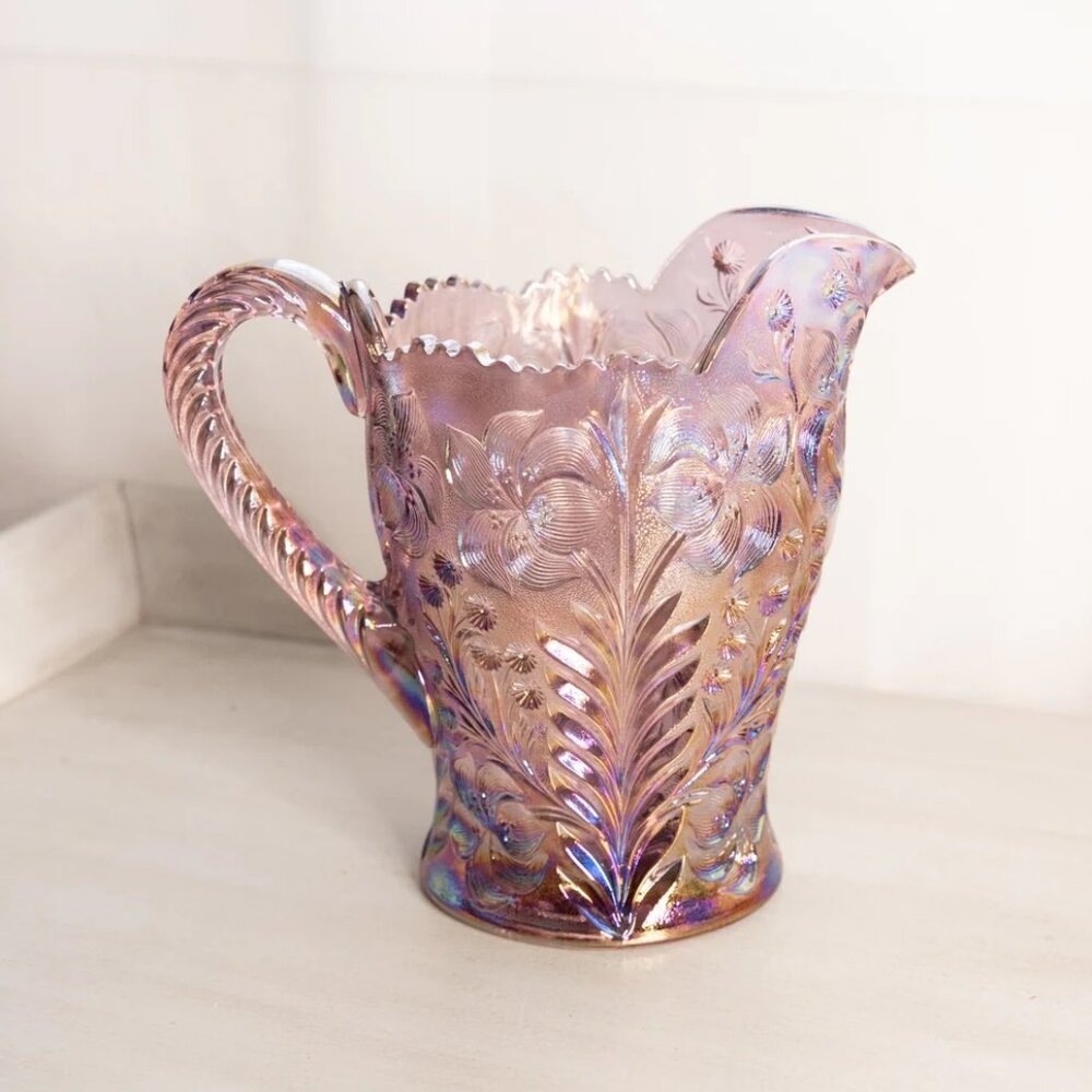 Vintage LE Smith Iridescent Purple Floral Dogwood Pitcher